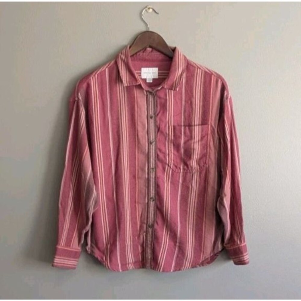 American Eagle Womens XS Red Striped Flannel Shirt Oversized AE Soft Top LS